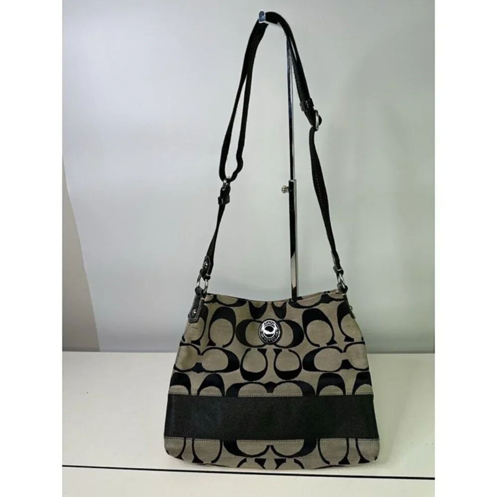 Coach Signature Authentic Khaki Brown Stripe Crossbody File Bag F-19220 Purse
